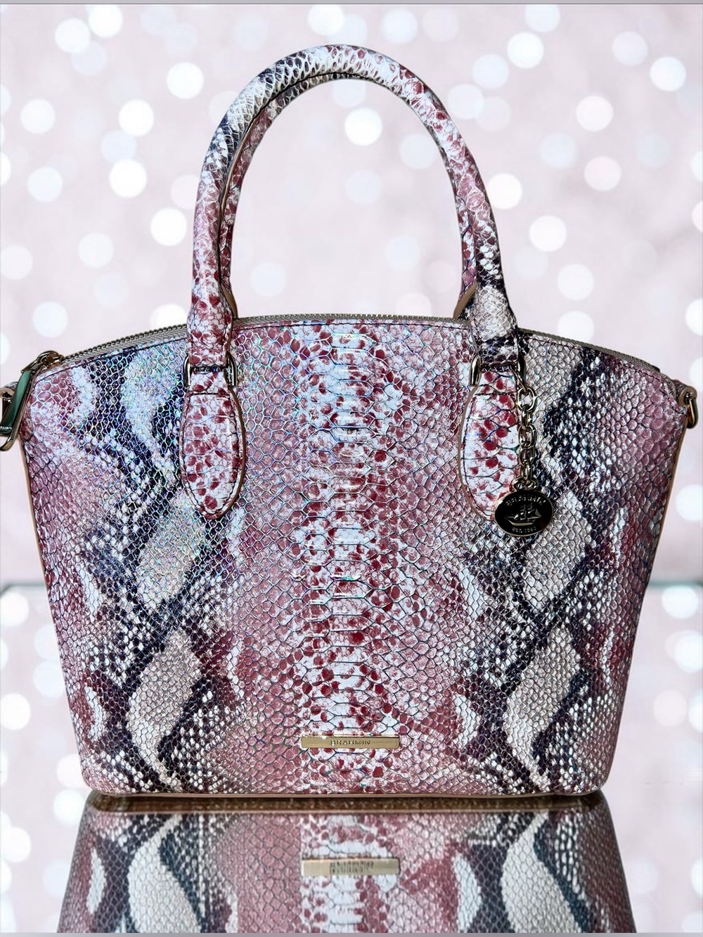Brahmin Leather Medium Duxbury Satchel in Multi Skyterra, Pink and Gray Snake